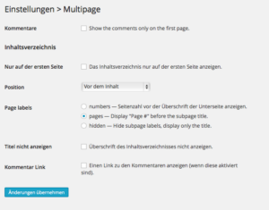 Einstellungsmöglichkeiten des MultiPage Plugins