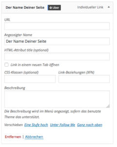 Platzhalter-Link im Menü