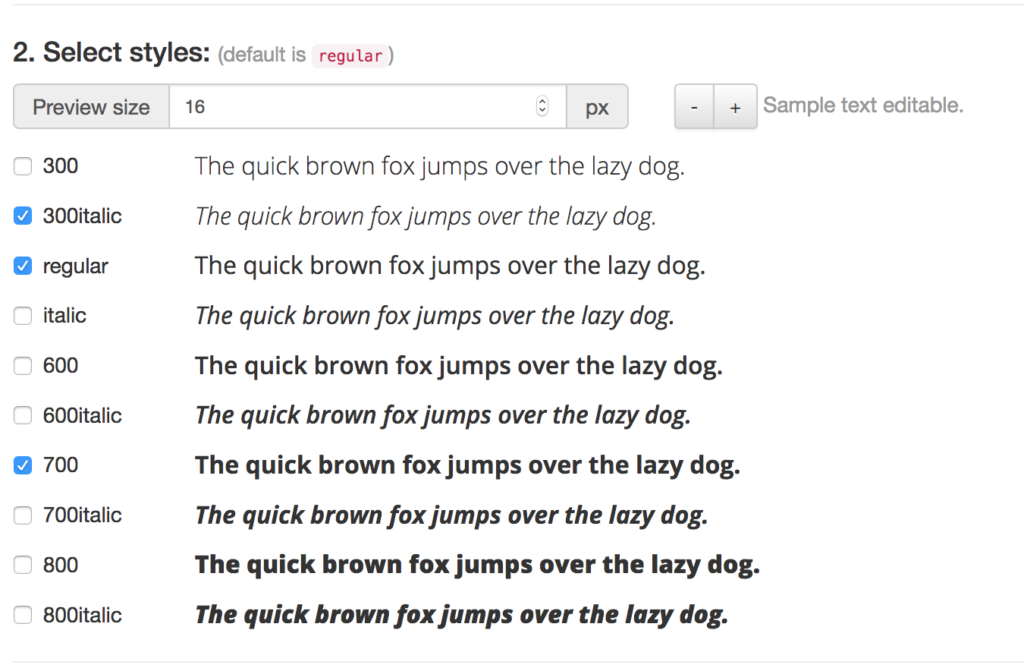 Screenshot der Styles-Auswahl im Google Webfonts Helper