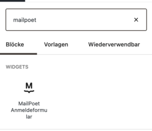 Ansicht des Gutenberg-Blocks für MailPoet in der Block-Suche von WordPress