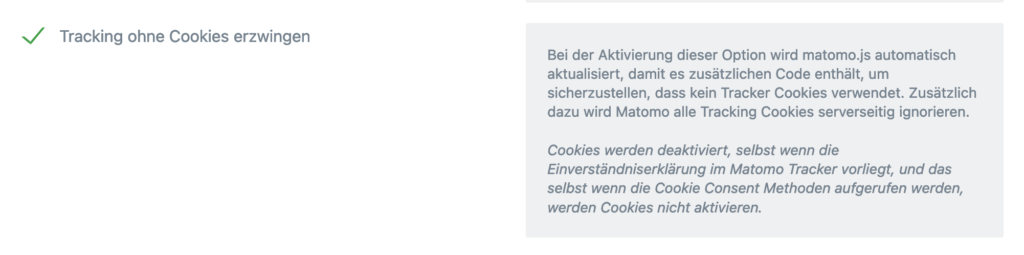 Einstellungen in Matomo - Tracking ohne Cookies erzwingen