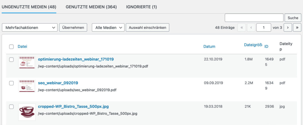 Übersicht der ungenutzten Medien in Plugin "Remove Unused Media"