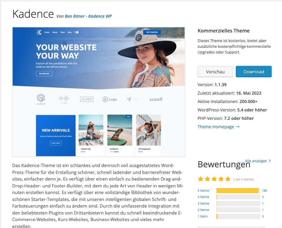 Screenshot des KadenceWP Theme im Theme-Verzeichnis auf de.wordpress.org