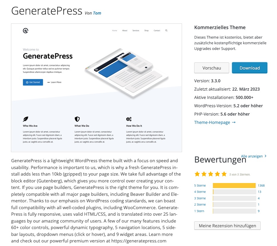 Screenshot des GeneratePress Theme im WordPress.org Themeverzeichnis