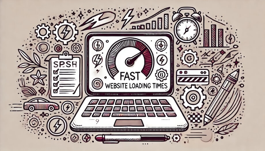 Doodle-Zeichnung eines Laptops auf dessen Monitor ein Tacho zu sehen ist mit der Nadel im "Speed"-Bereich zur Symbolisierung de Website Performance-Checks
