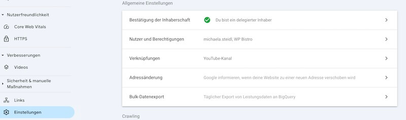 Screenshot der Einstellungen in der Google Search Console
