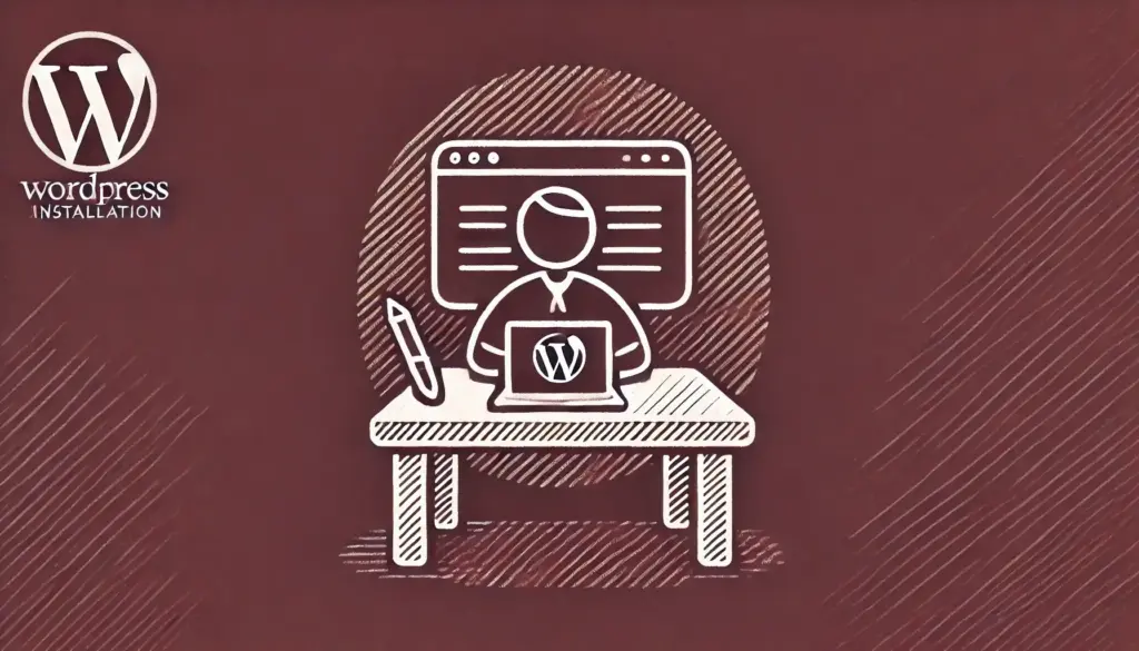 Strichmännschen am Schriftisch, das gerade an einer WordPress-Installation arbeitet